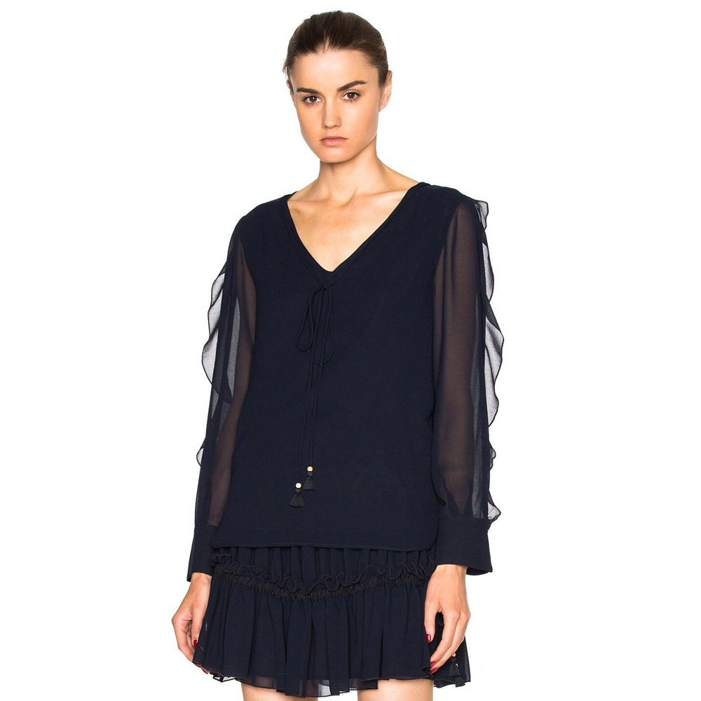 See By Chloe ruffle georgette Blouse Womens 38 Dark Navy Tassel Tie V-Neck